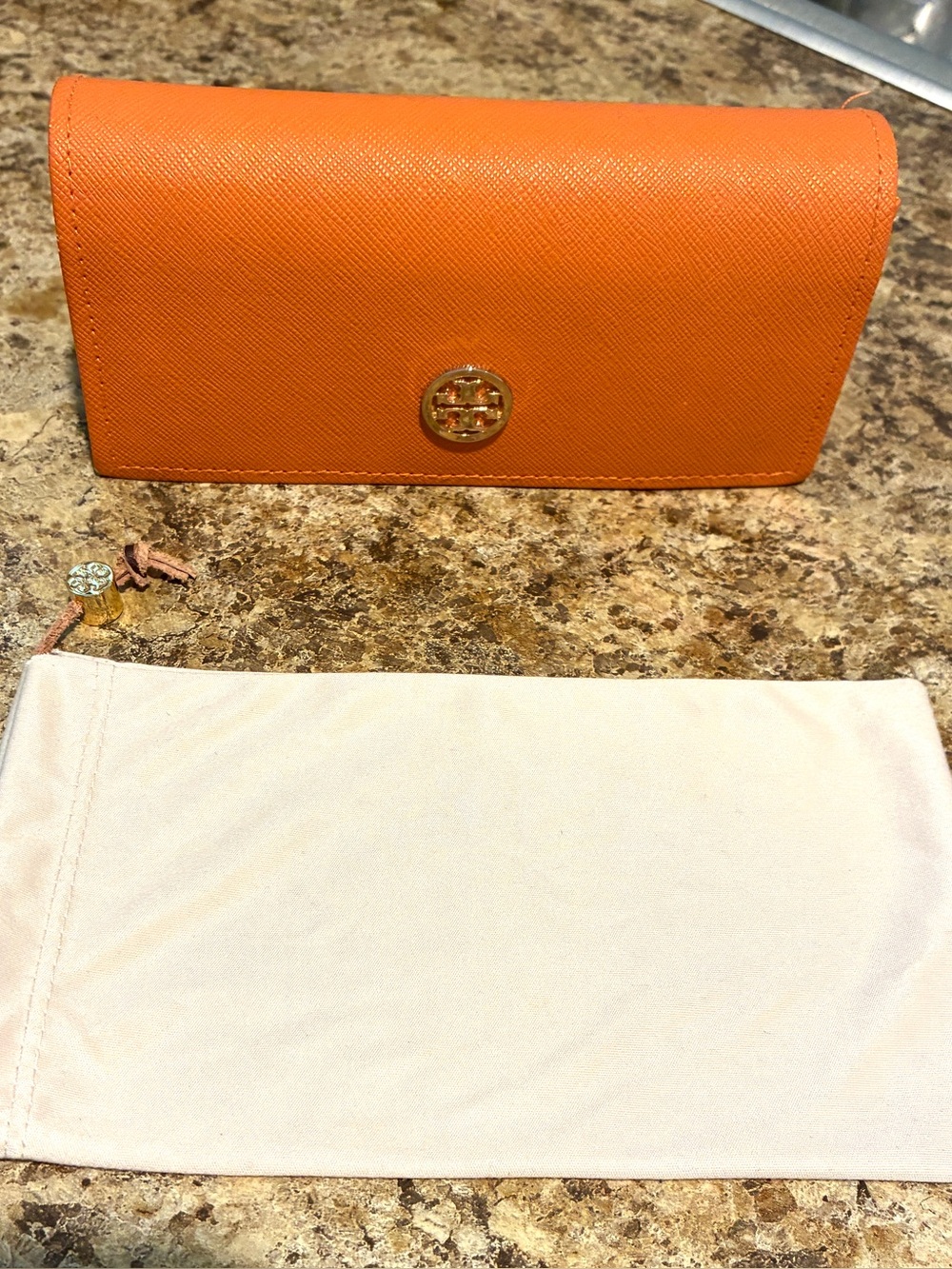 Tory Burch Bright Orange Saffiano Continental Glasses case
